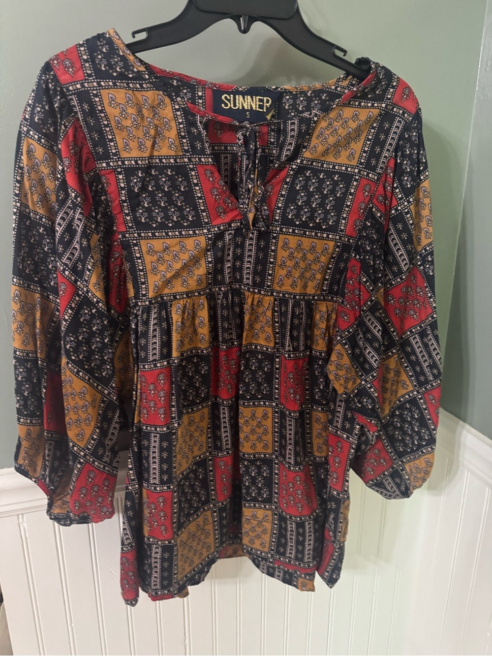 Anthropologie Sunner Black Patchwork Tunic with Red & Mustard Accents Small